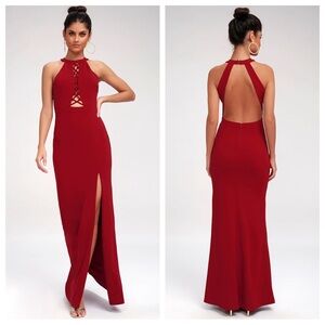 NWT Lulu's Can't Take My Eyes Off Of You Wine Red Lace Up Halter Maxi Dress S